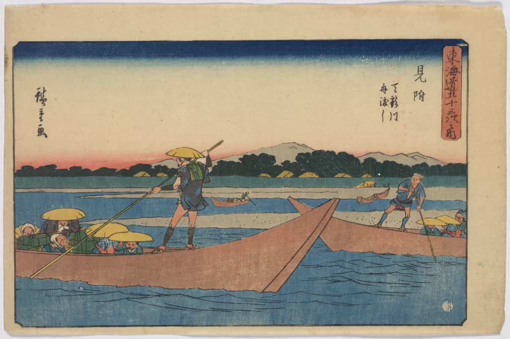Traditional Japanese Art Boats Water People Landscape Sunset