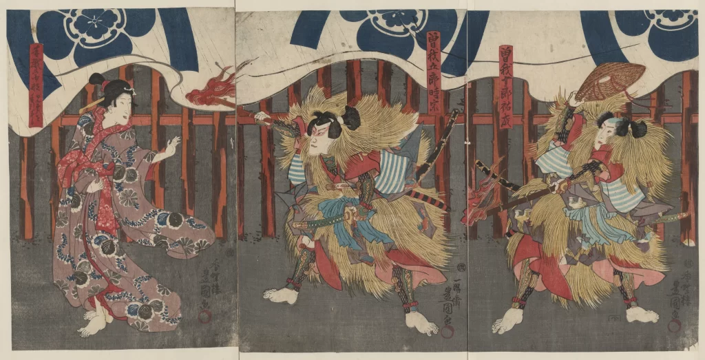 Traditional Japanese Art Colorful Costume Dynamic Pose Historical Scene Cultural Expression