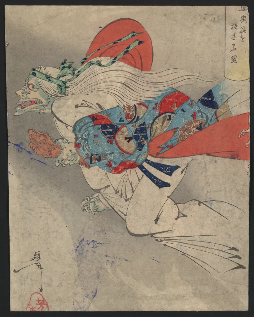 Traditional Japanese Art Colorful Costume Dynamic Pose Mythical Creature Intricate Patterns Historical Style