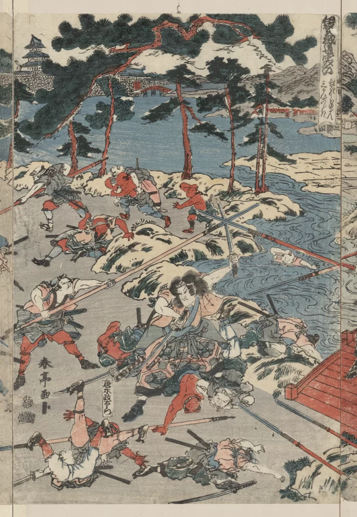 Traditional Japanese Art Dynamic Battle Scene Vibrant Colors Historical Warriors Ukiyo-e Style