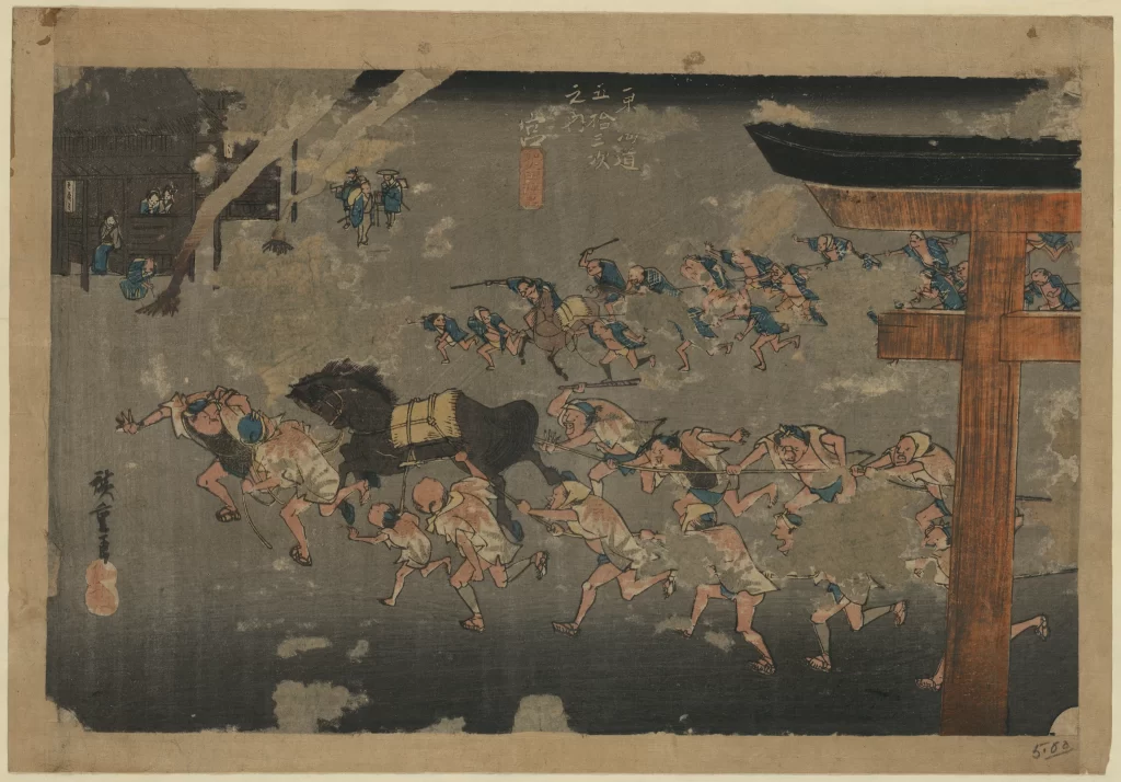 Traditional Japanese Art Dynamic Scene Historical Figures Vibrant Colors Cultural Depiction Historical Event