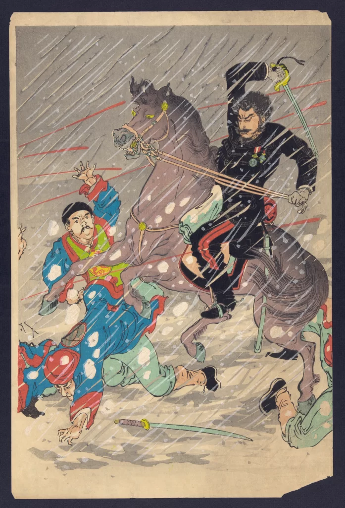 Traditional Japanese Art Dynamic Scene Horseback Warrior Vivid Colors Historical Battle Dramatic Expression