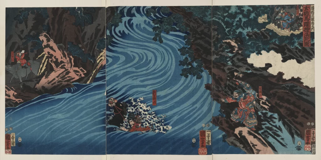 Traditional Japanese Art Dynamic Water Vibrant Colors Historical Scene Cultural Narrative Intricate Details