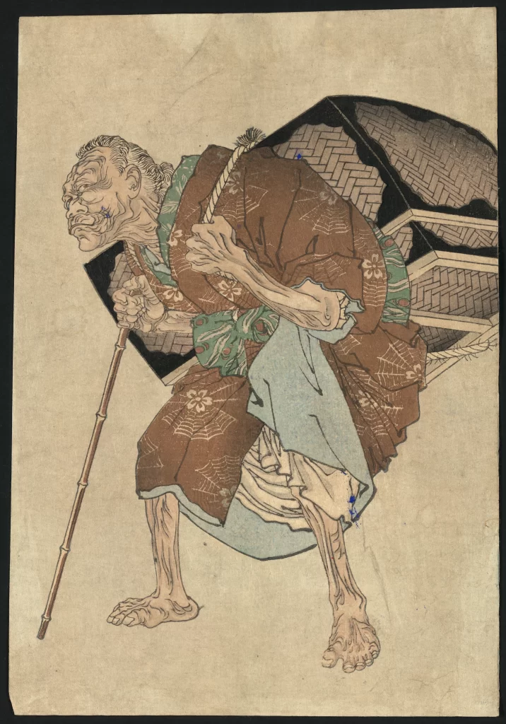 Traditional Japanese Art Elderly Figure Brown And Green Detailed Patterns Historical Style