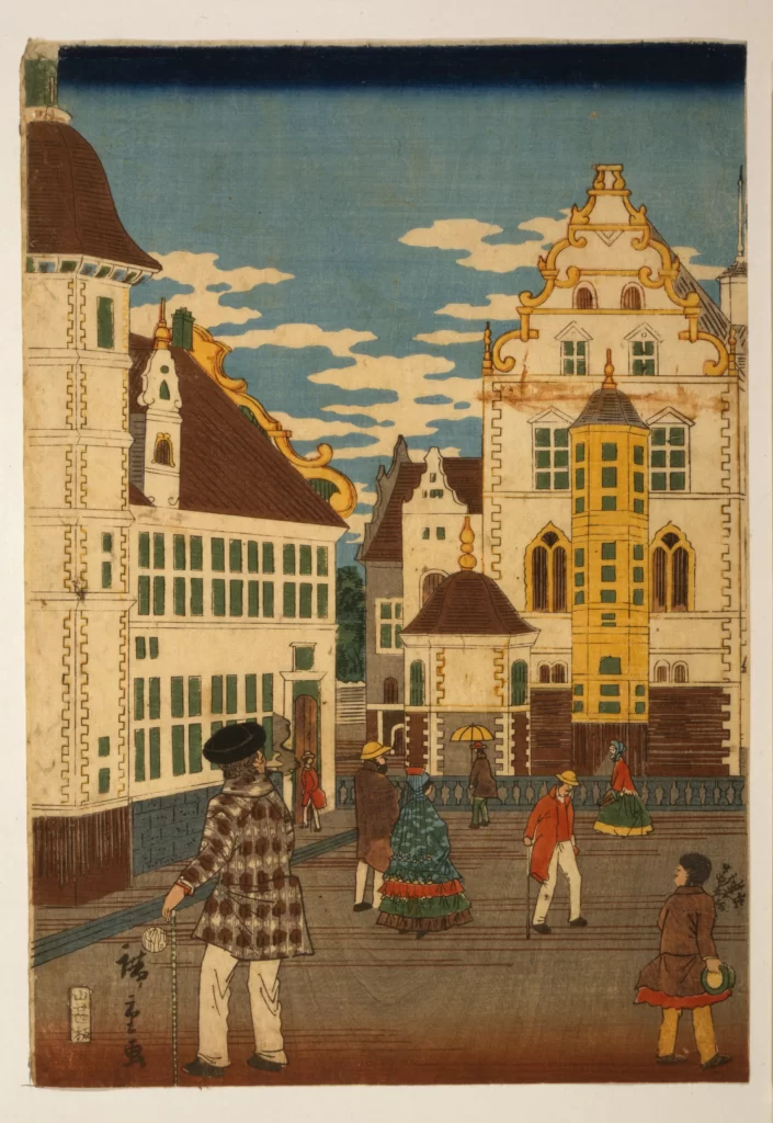 Traditional Japanese Art European Architecture Historical Scene Cultural Fusion Ukiyo-e Print