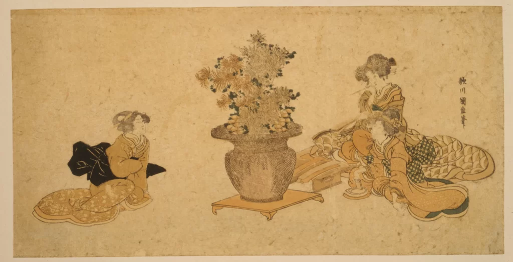 Traditional Japanese Art Floral Arrangement Cultural Scene Historical Painting Women In Kimono
