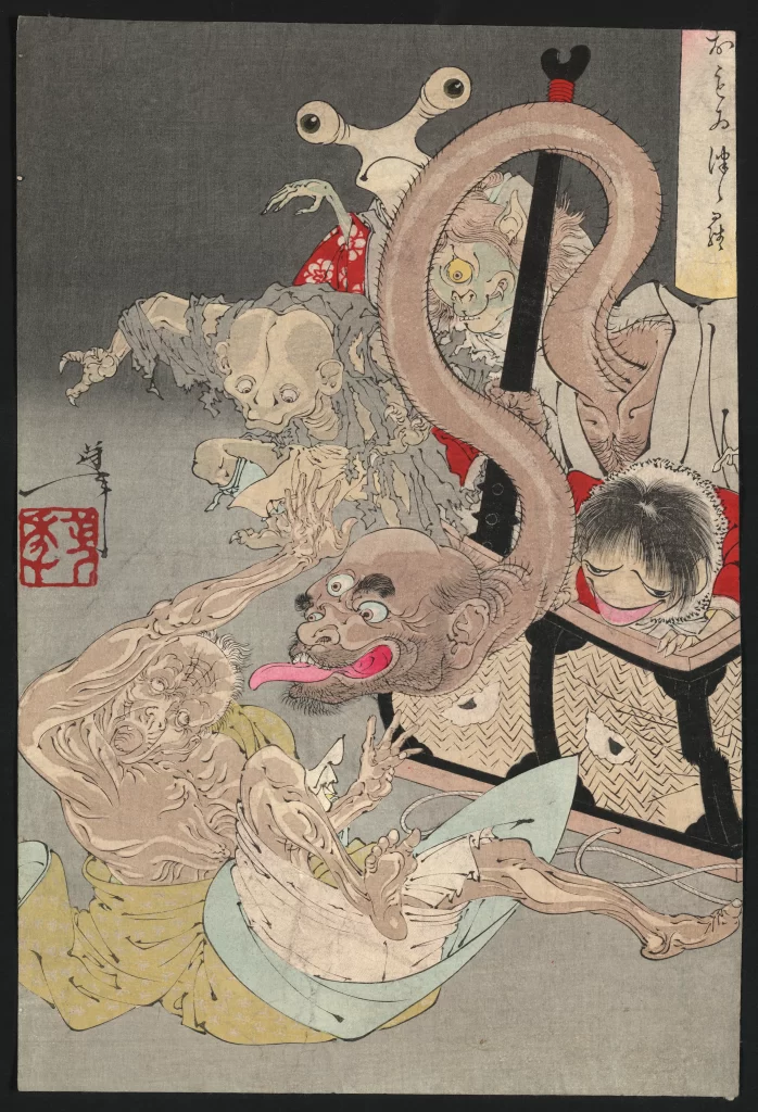 Traditional Japanese Art Ghostly Figures Eerie Atmosphere Red And White Historical Style Supernatural Elements