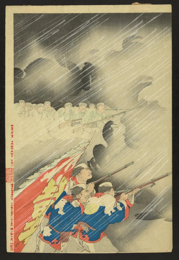 Traditional Japanese Art Historical Battle Scene Soldiers Rain Red And Blue Woodblock Print