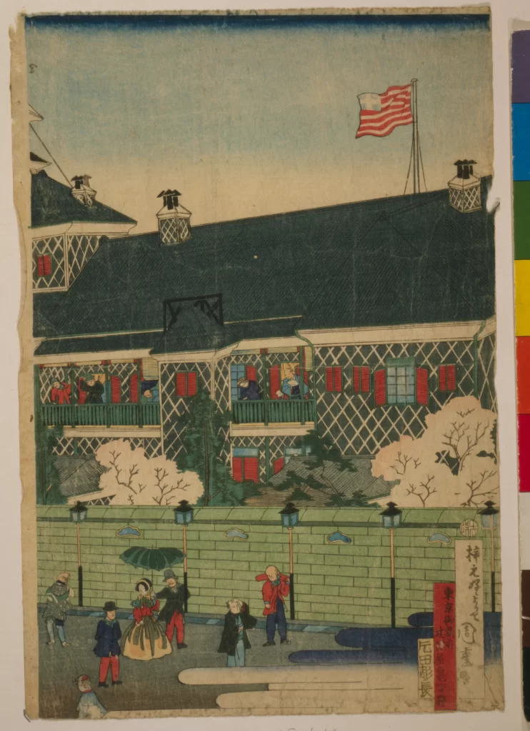 Traditional Japanese Art Historical Building Foreign Flag Cultural Fusion Edo Period