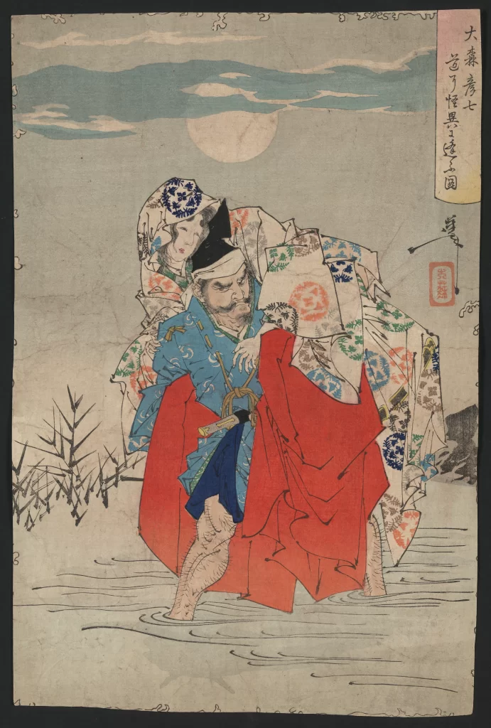 Traditional Japanese Art Historical Figures Blue And Red Garments Moonlit Scene Intricate Patterns