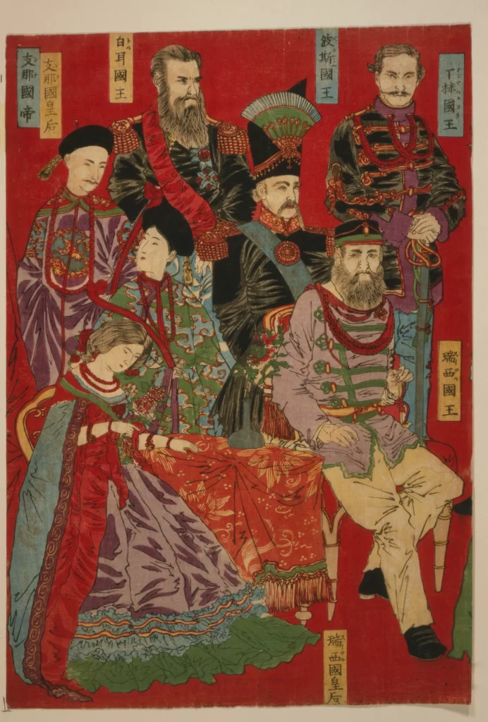 Traditional Japanese Art Historical Figures Colorful Attire Cultural Representation Woodblock Print