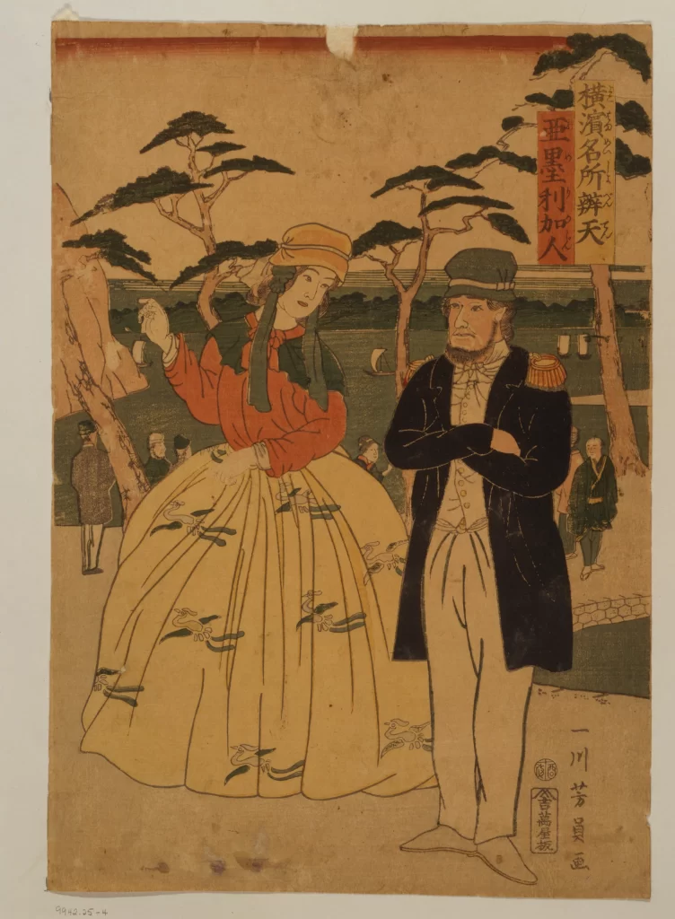 Traditional Japanese Art Historical Figures Cultural Attire Scenic Background Woodblock Print
