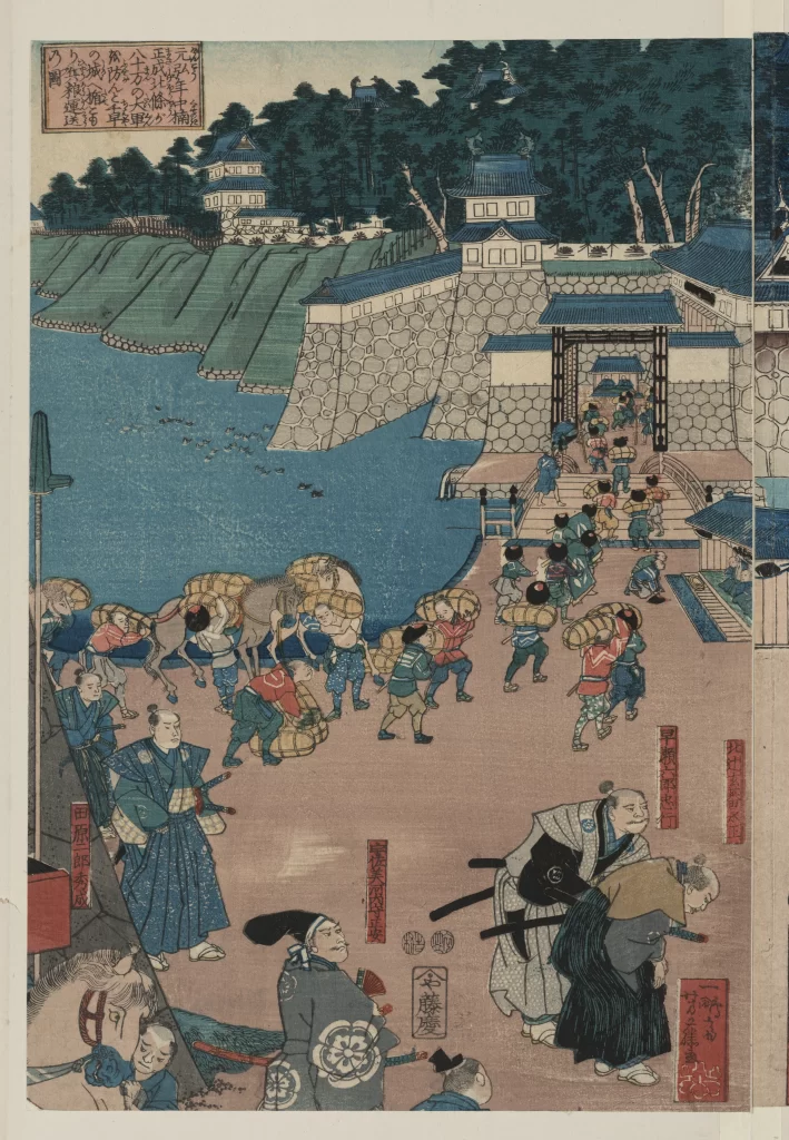 Traditional Japanese Art Historical Scene Blue And Red Hues Castle People Cultural Depiction