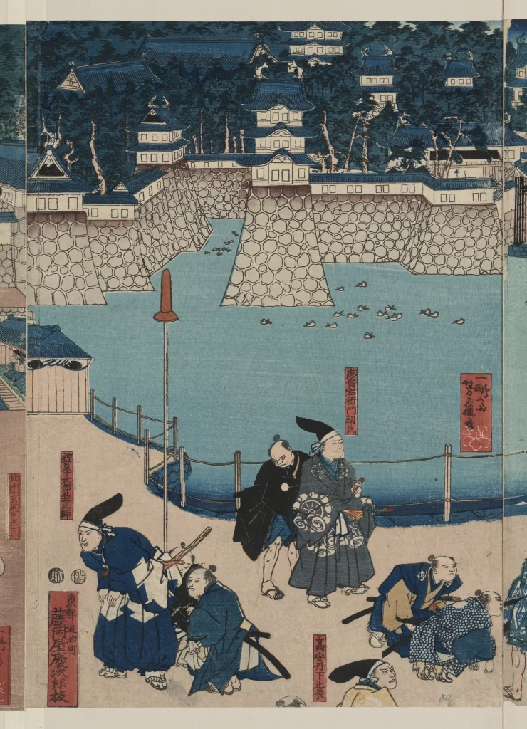 Traditional Japanese Art Historical Scene Blue And White Samurai Castle Ukiyo-E