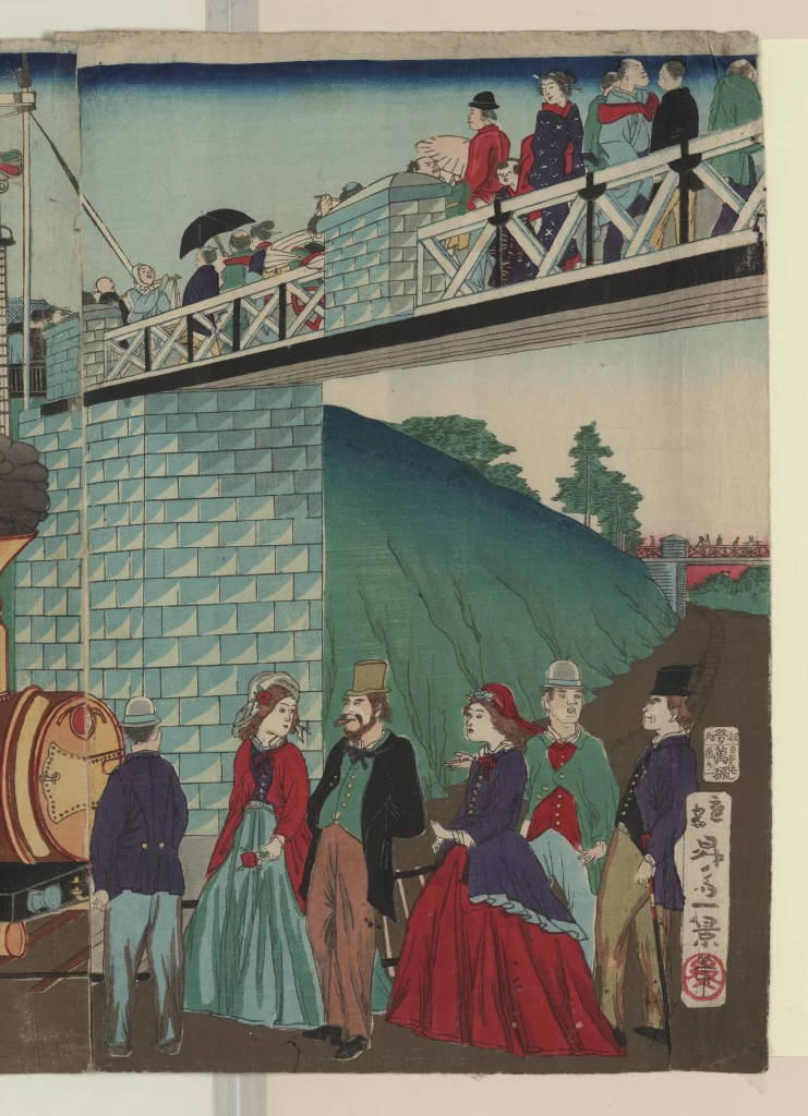 Traditional Japanese Art Historical Scene Colorful Attire Bridge Train Cultural Depiction