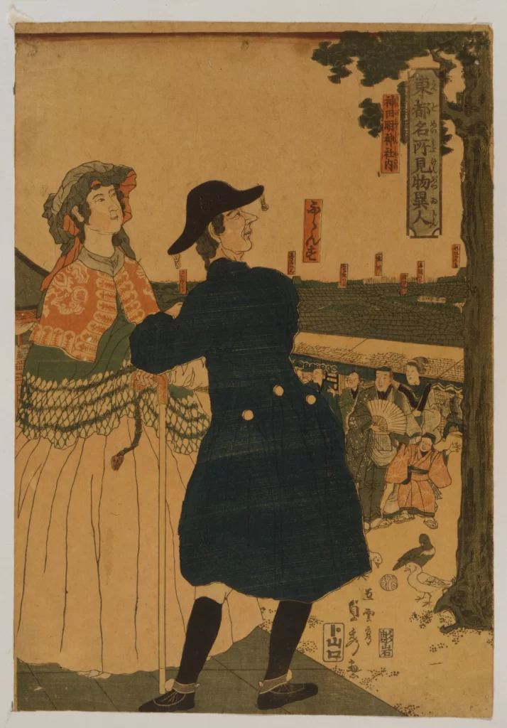 Traditional Japanese Art Historical Scene Cultural Attire Foreign Visitors Edo Period Woodblock Print
