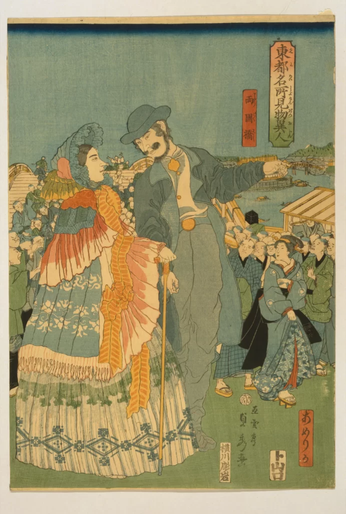 Traditional Japanese Art Historical Scene Cultural Attire Foreign Visitors Ukiyo-e Print Edo Period