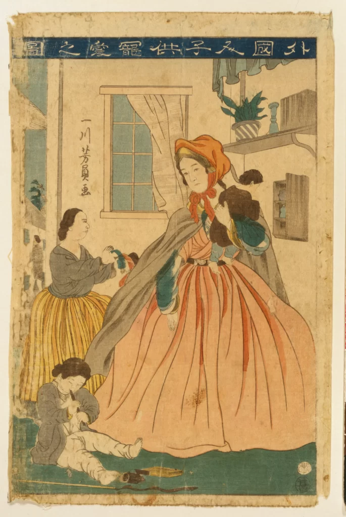 Traditional Japanese Art Historical Scene Cultural Depiction Women And Children Everyday Life
