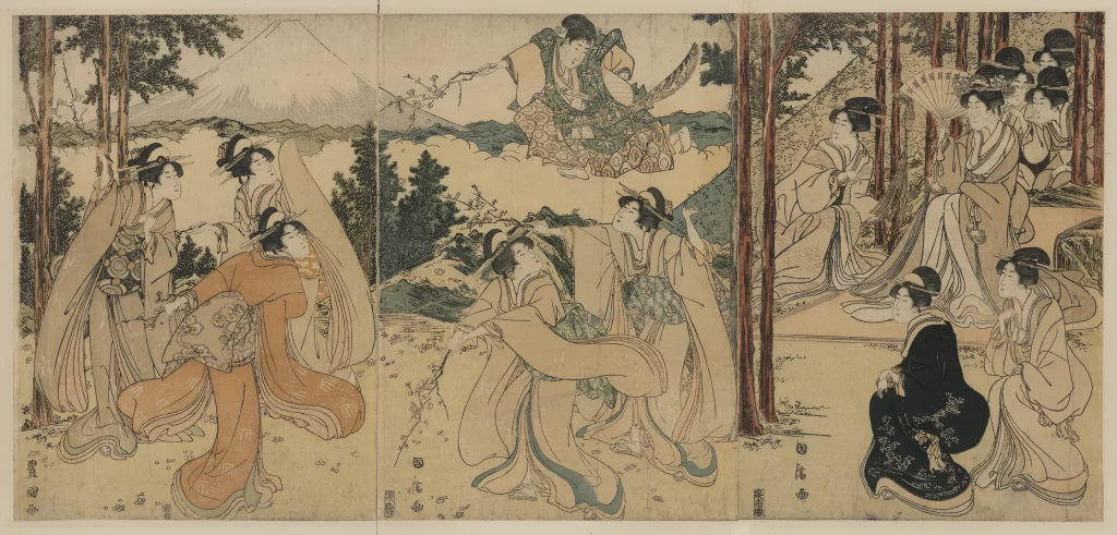 Traditional Japanese Art Historical Scene Elegant Attire Natural Landscape Cultural Depiction