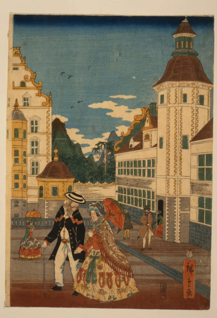 Traditional Japanese Art Historical Scene European Architecture Cultural Fusion Ukiyo-e Print