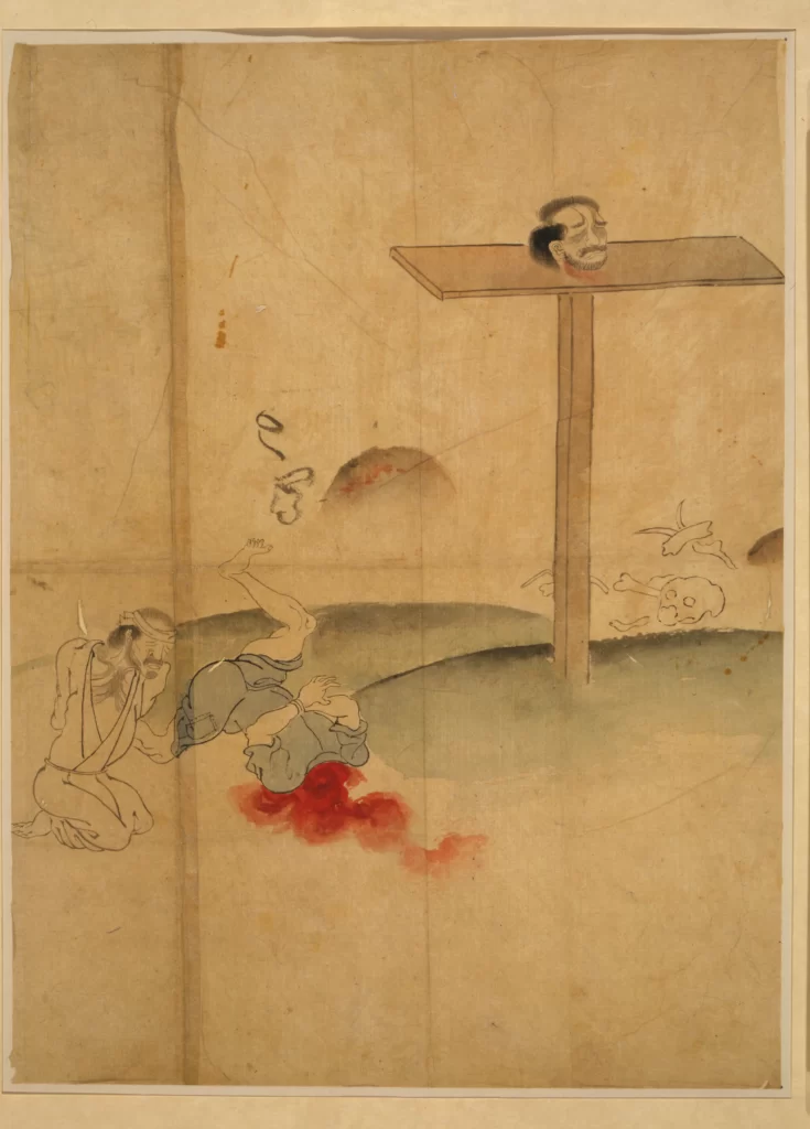 Traditional Japanese Art Historical Scene Execution Somber Mood Cultural Depiction