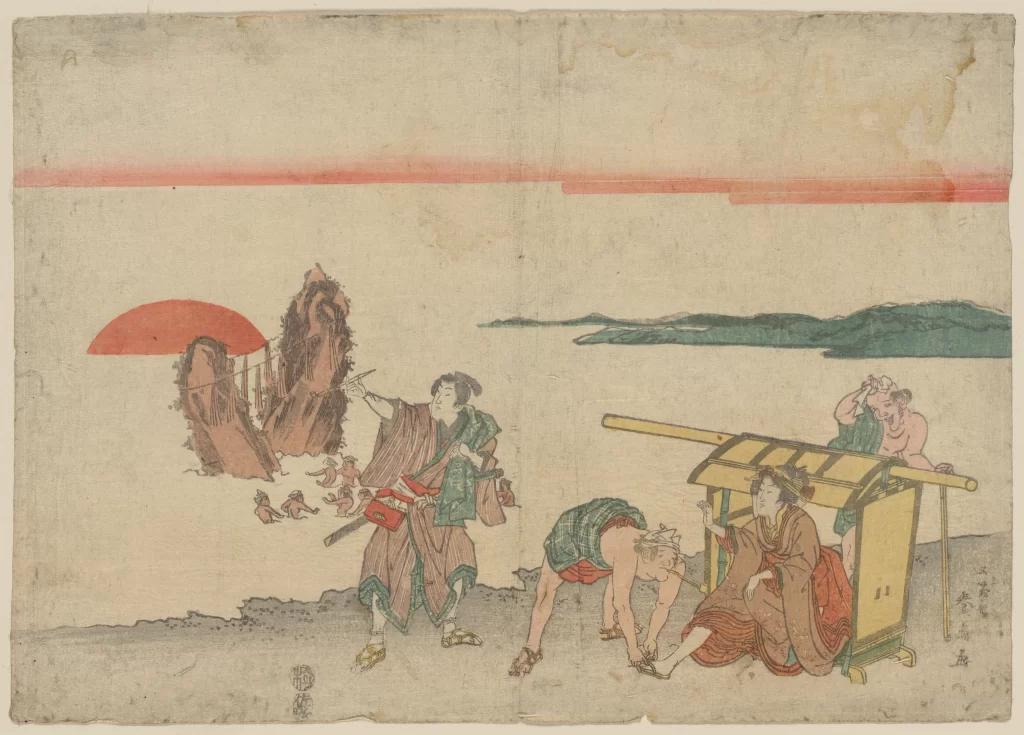 Traditional Japanese Art Historical Scene Red And Green Serene Landscape Cultural Depiction