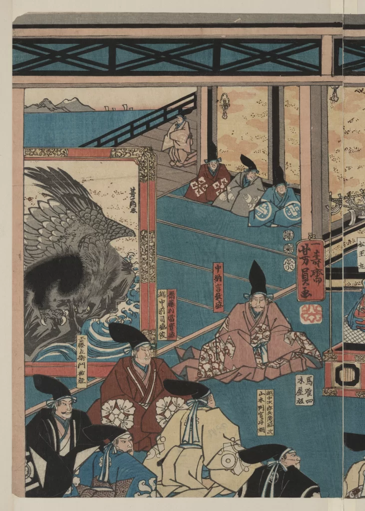 Traditional Japanese Art Historical Scene Vibrant Colors Cultural Attire Detailed Illustration Historical Figures