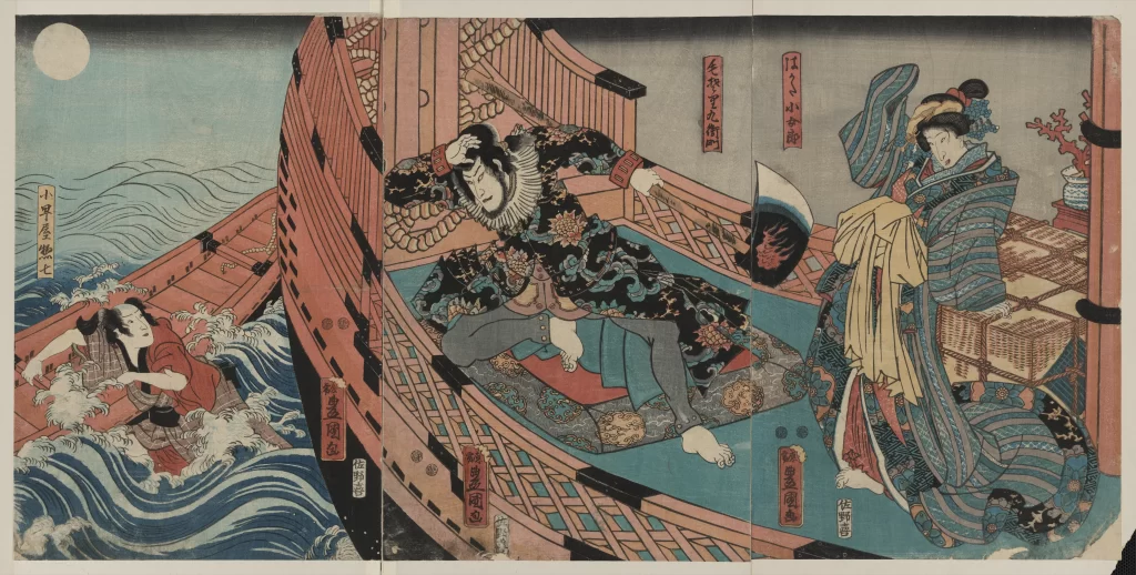 Traditional Japanese Art Historical Scene Vibrant Colors Cultural Attire Dynamic Composition Narrative Storytelling