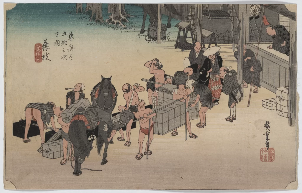 Traditional Japanese Art Historical Scene Workers Horse Pastel Colors Cultural Depiction