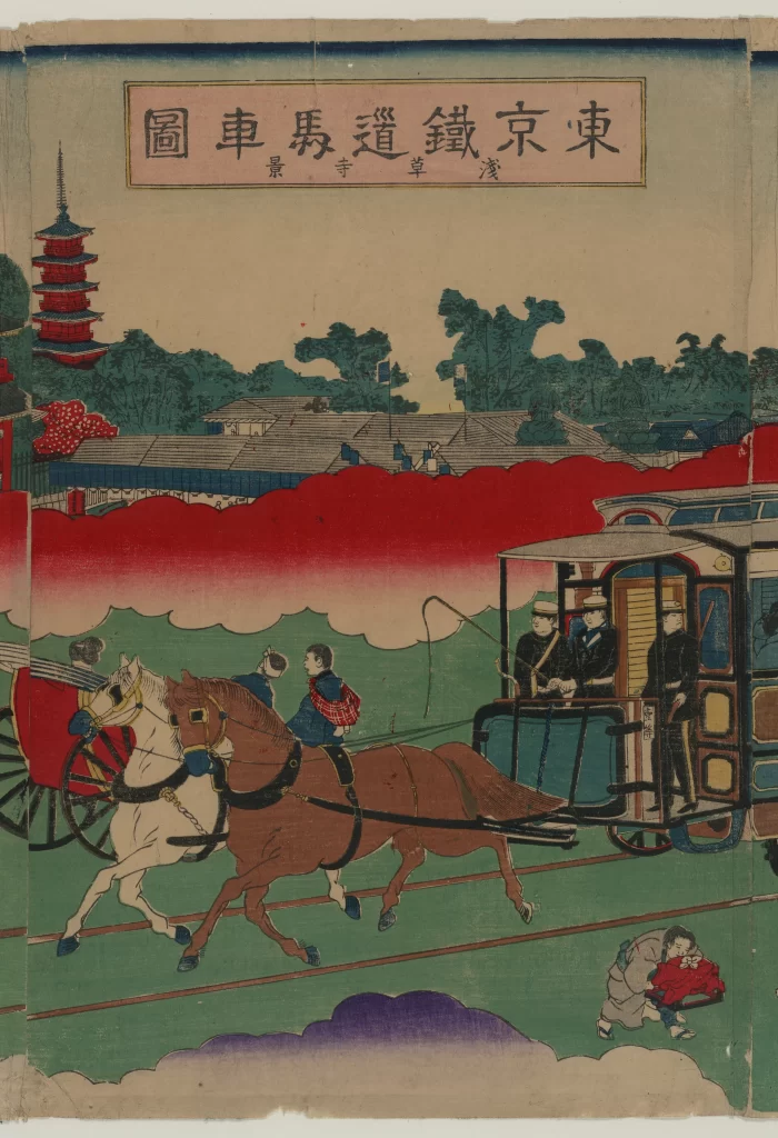 Traditional Japanese Art Horse-drawn Carriage Vibrant Colors Historical Scene Cultural Depiction