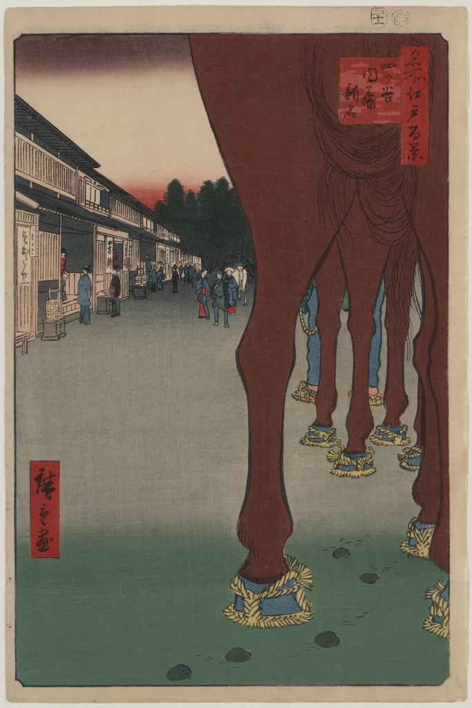 Traditional Japanese Art Horses Red And Blue Woodblock Print Historical Scene