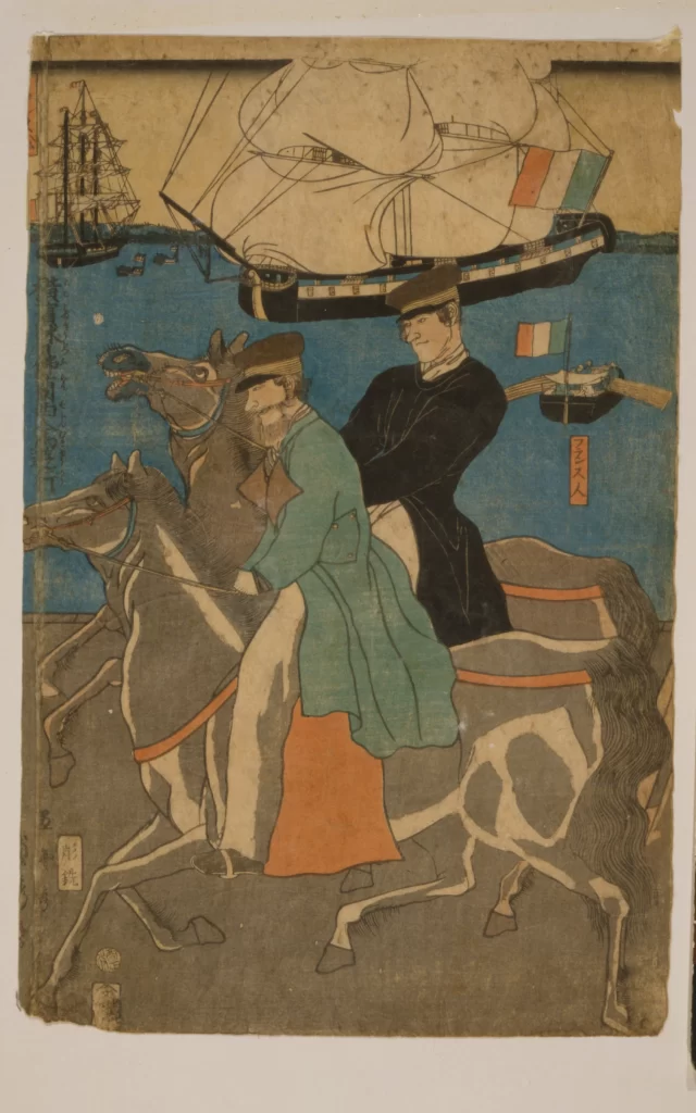 Traditional Japanese Art Horses Sailors Ships Blue Sea Historical Scene