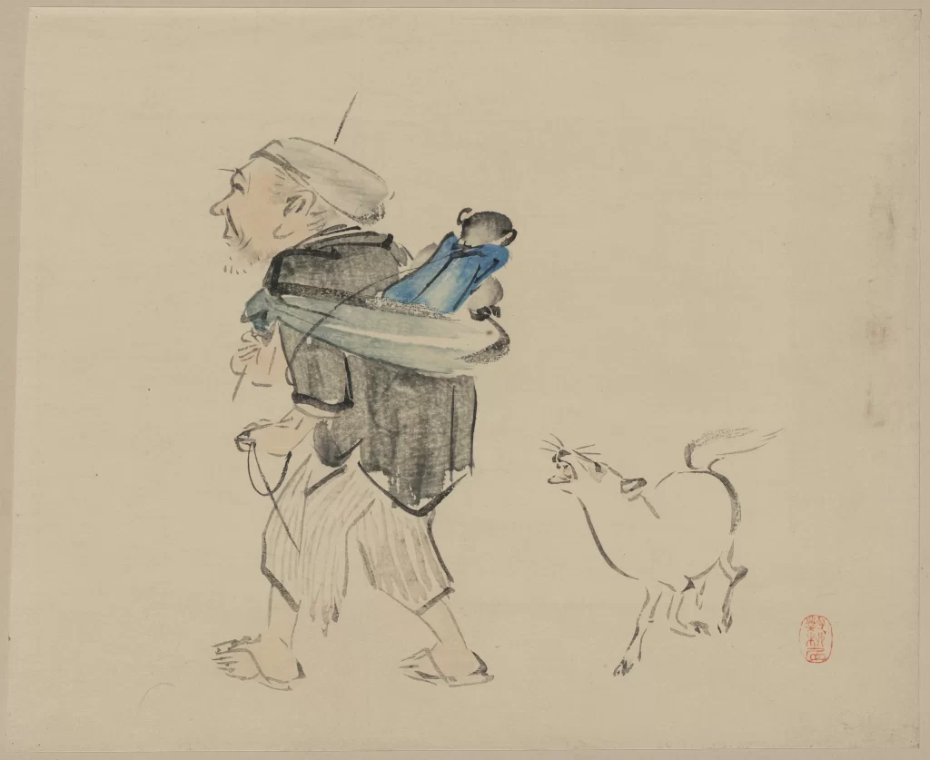 Traditional Japanese Art Ink Wash Painting Elderly Man Blue Garment White Dog Monochrome