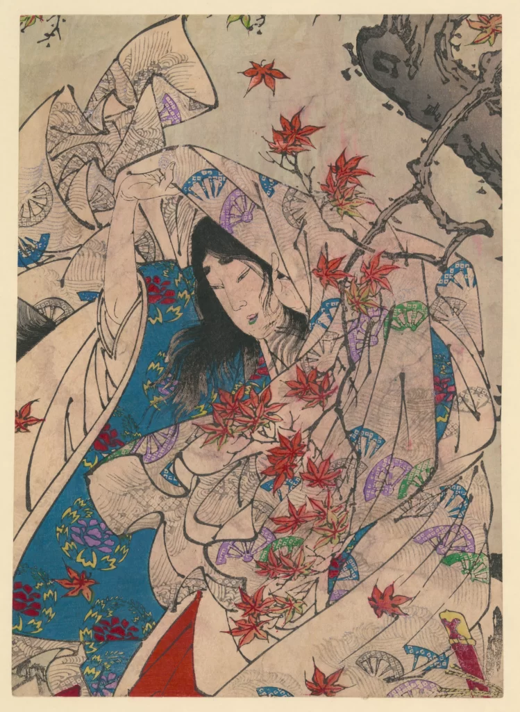 Traditional Japanese Art Kimono Autumn Leaves Red Blue Black Ink