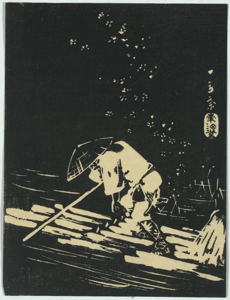 Traditional Japanese Art Monochrome Woodblock Print Umbrella Snow Figure