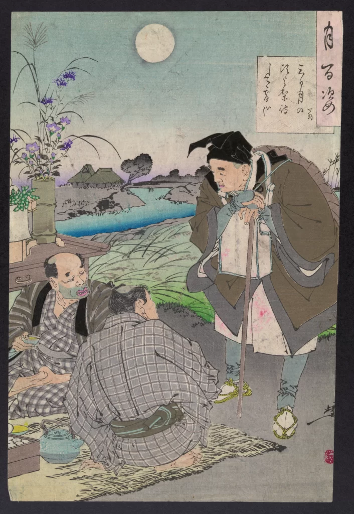 Traditional Japanese Art Moonlit Scene Historical Figures Serene Landscape Cultural Attire Pastel Colors