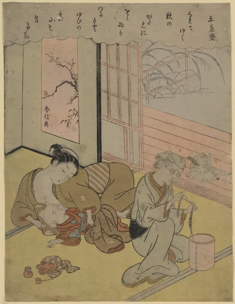 Traditional Japanese Art Mother And Child Pastel Colors Cultural Scene Everyday Life