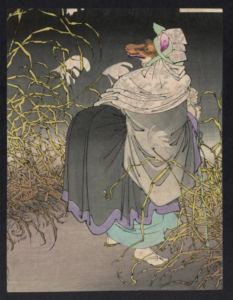 Traditional Japanese Art Mystical Figure Muted Colors Flowing Garments Nature Elements Intricate Details