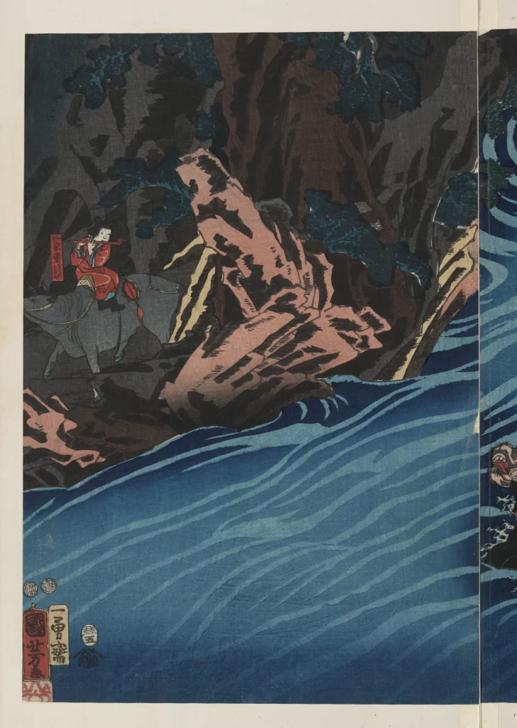 Traditional Japanese Art Nature Blue Tones Red Accents Dynamic Composition