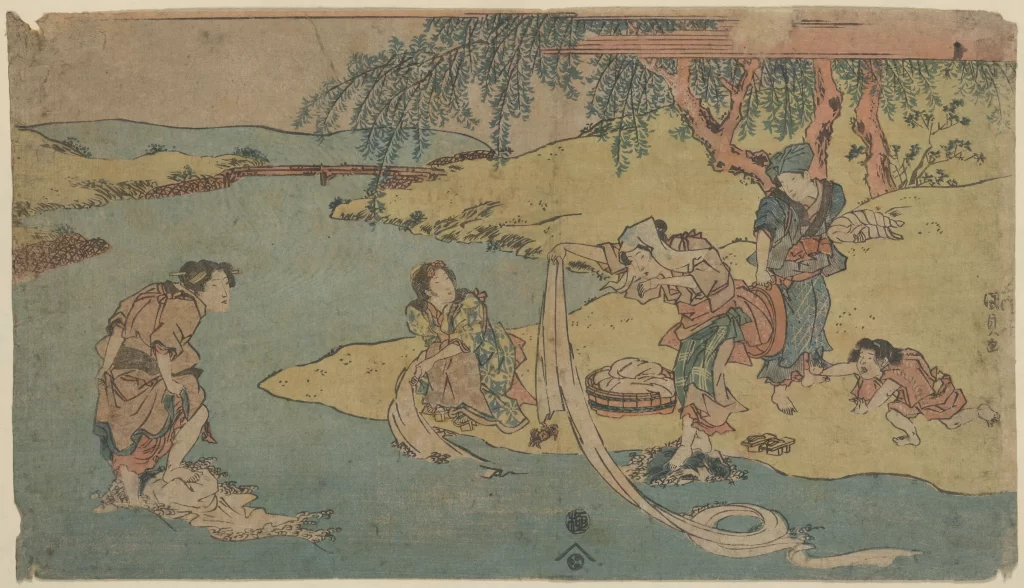 Traditional Japanese Art Pastel Colors Riverbank Figures Historical Scene Cultural Depiction