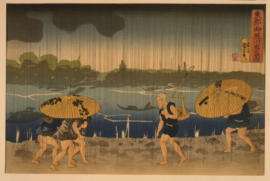 Traditional Japanese Art Rain Umbrellas Sumo Wrestlers Landscape