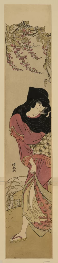 Traditional Japanese Art Red And Black Flowing Garment Nature Serene Expression