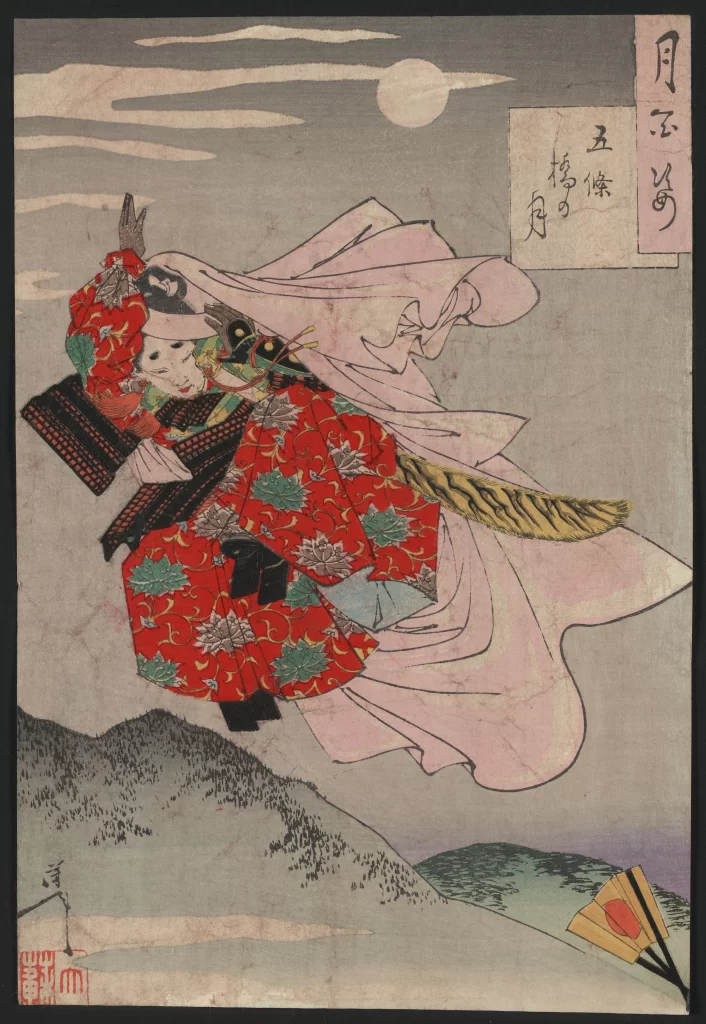 Traditional Japanese Art Red And Green Patterns Dynamic Pose Flowing Garments Moon And Clouds Historical Figure
