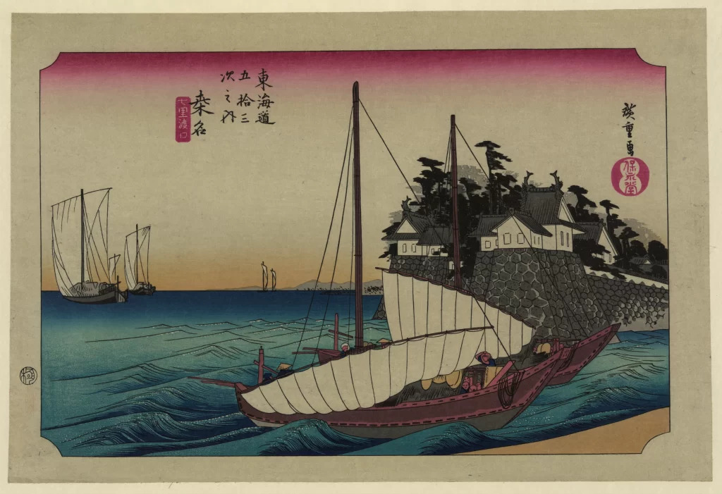 Traditional Japanese Art Sailboats Coastal Village Serene Landscape Vibrant Colors