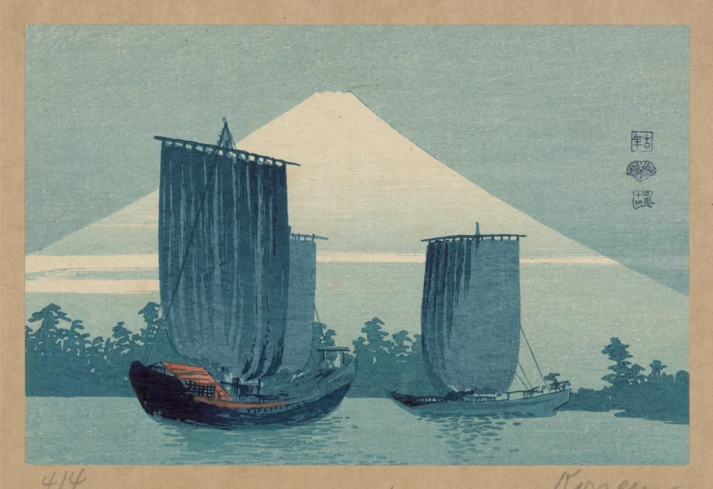 Traditional Japanese Art Sailboats Mount Fuji Blue Tones Serene Landscape