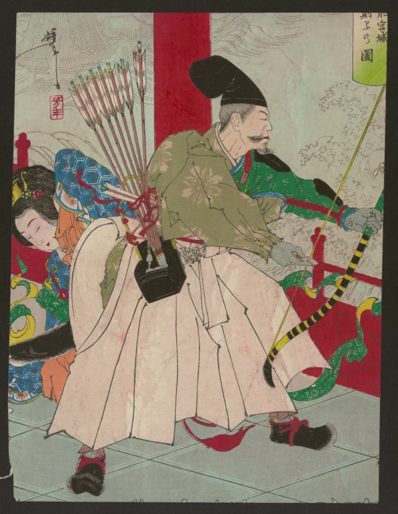 Traditional Japanese Art Samurai Archery Vibrant Colors Historical Scene