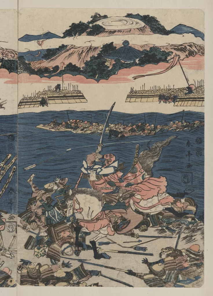 Traditional Japanese Art Samurai Battle Scene Vibrant Colors Historical Illustration