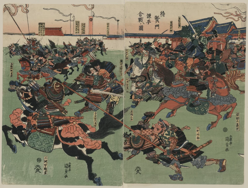 Traditional Japanese Art Samurai Battle Scene Vibrant Colors Historical Woodblock Print