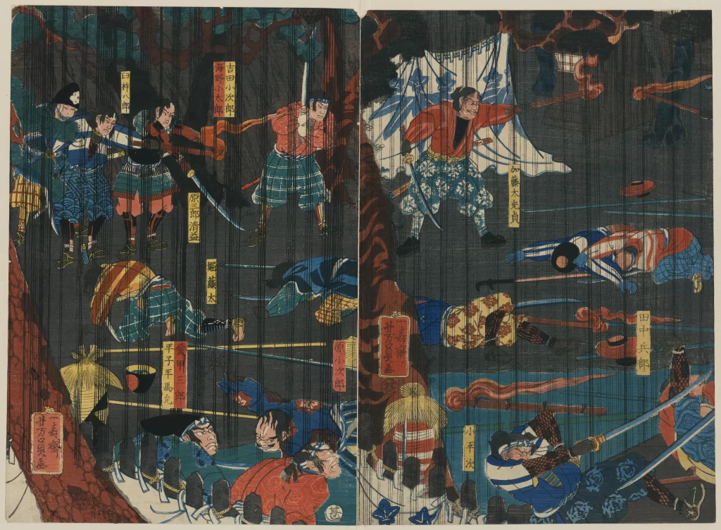 Traditional Japanese Art Samurai Battle Scene Vibrant Colors Historical Woodblock Print