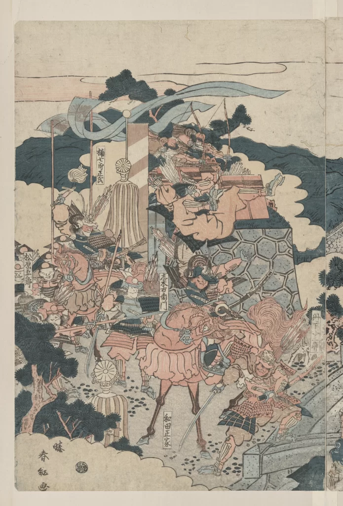 Traditional Japanese Art Samurai Battle Scene Woodblock Print Vibrant Colors Dynamic Composition